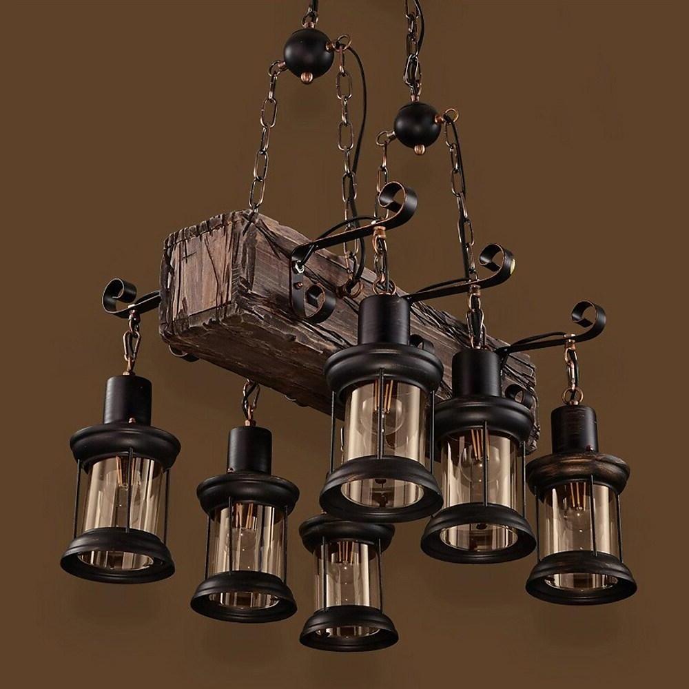 Lantern Chandelier, Wood and Glass 6-Light Farmhouse Ceiling Light for Dining Room, Antique Brass