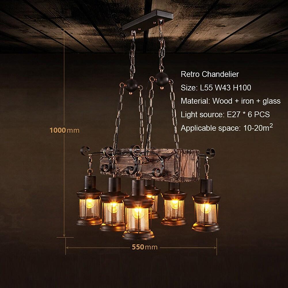 Lantern Chandelier, Wood and Glass 6-Light Farmhouse Ceiling Light for Dining Room, Antique Brass